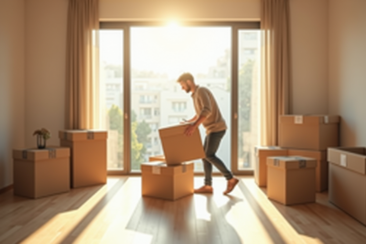 Personne vidant un appartement lumineux et vide avec soleil