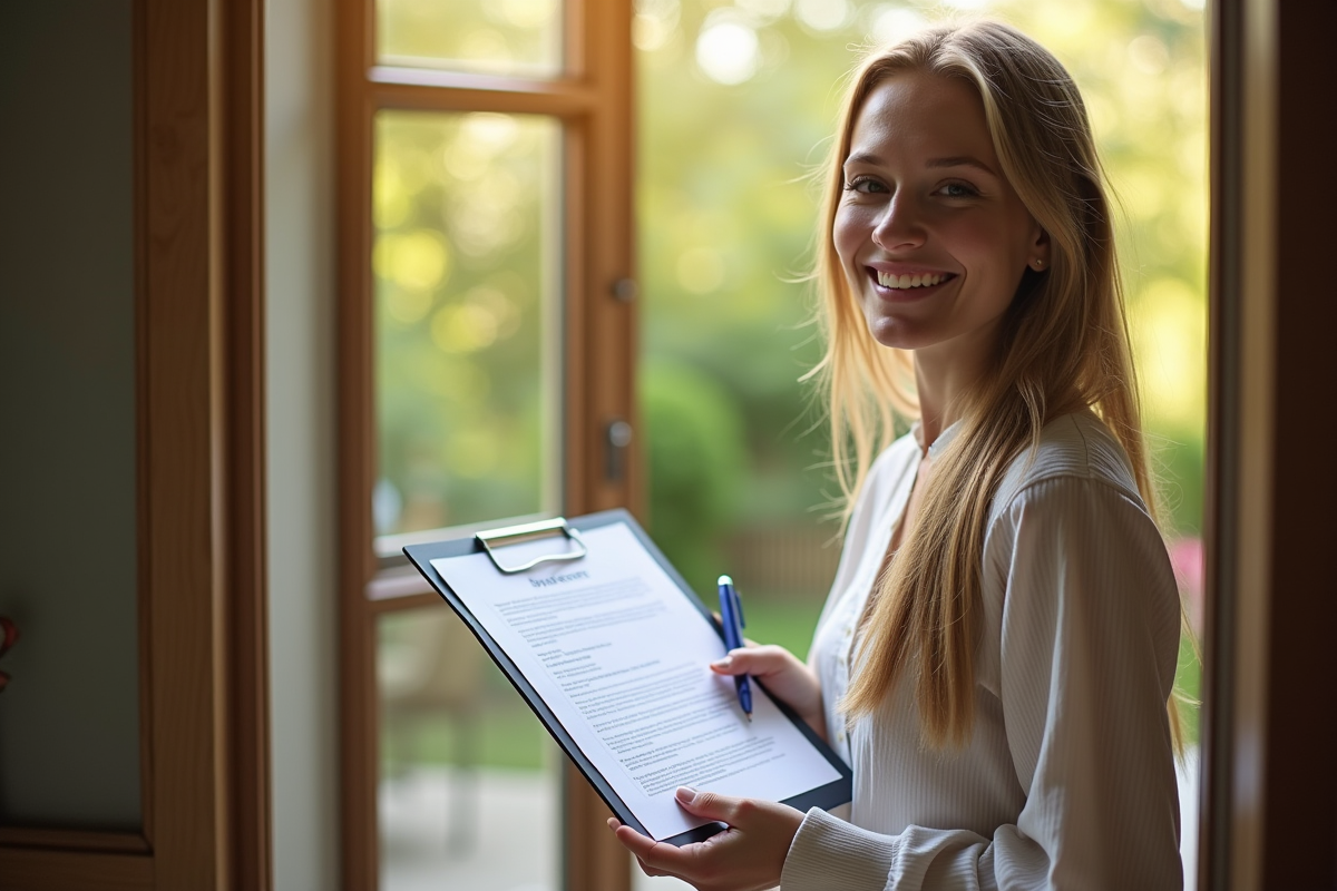 Personne souriante tenant un contrat de location à l