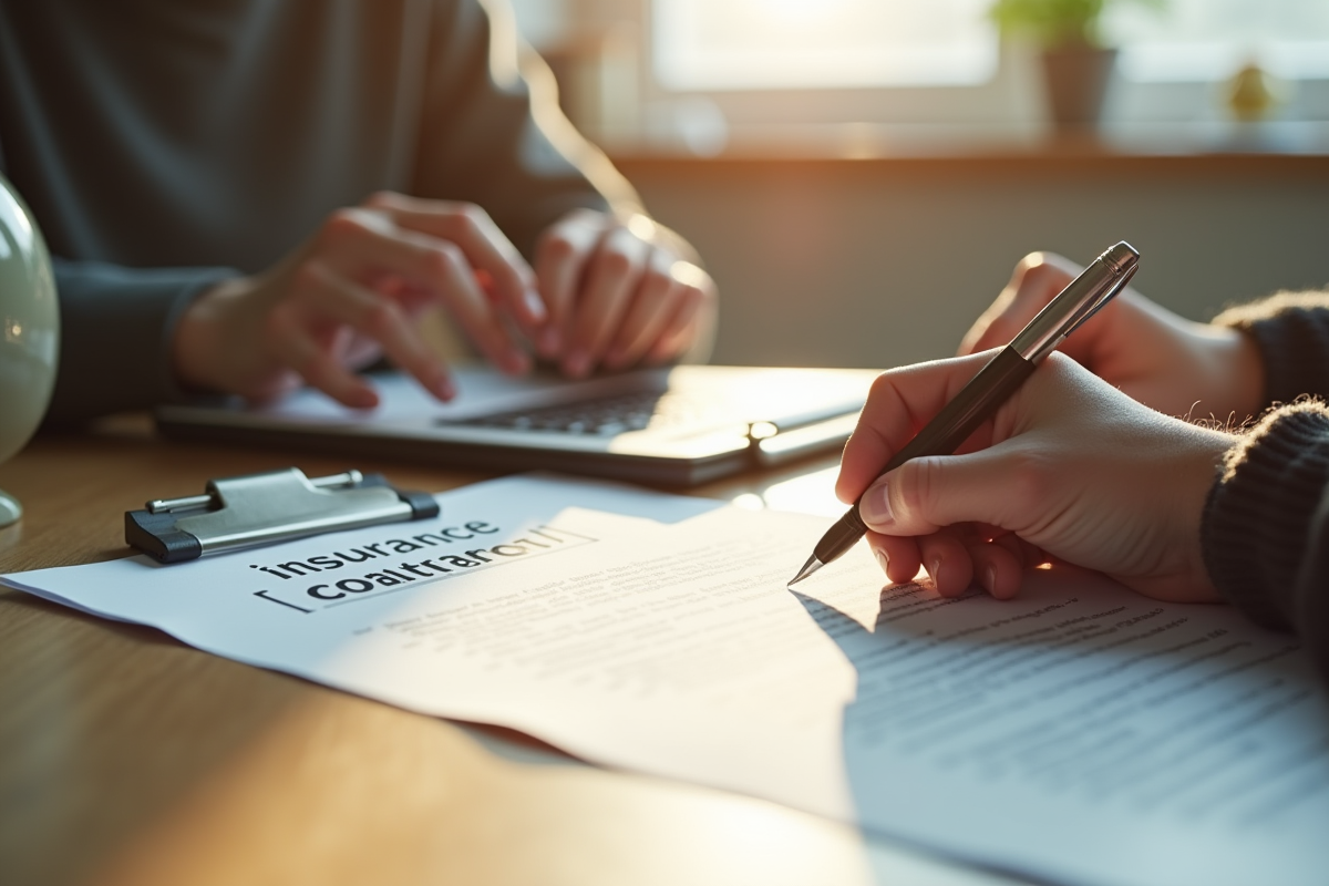 Personne lisant et signant un contrat d'assurance à la maison