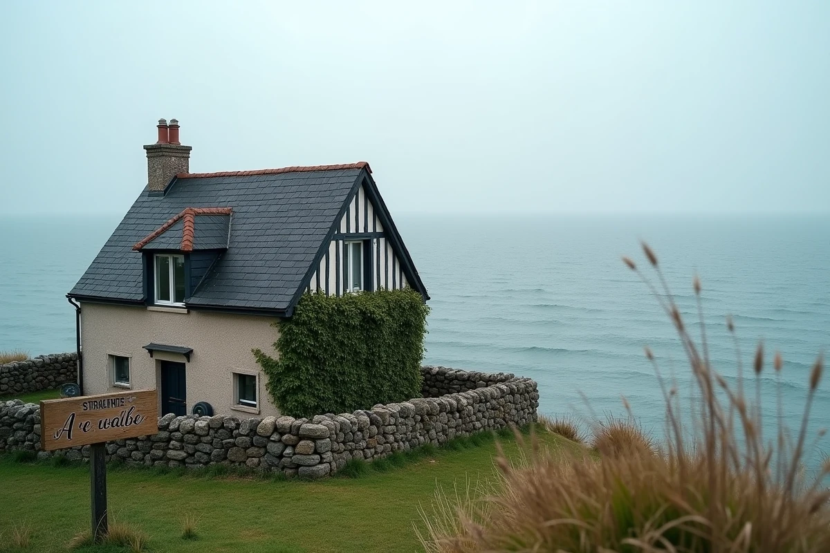 Petite maison normande à vendre avec vue sur la mer en bord de falaise, panneau de vente dans le jardin