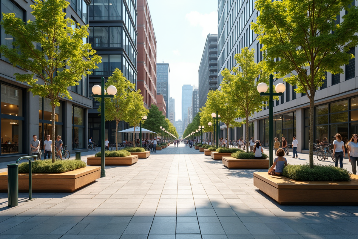 Place urbaine dynamique avec bancs modernes et passants