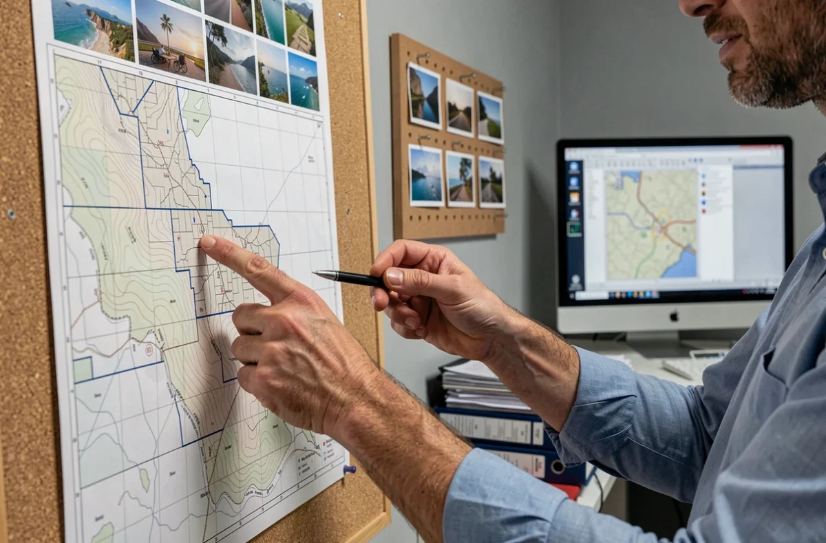 Mains d'un expert pointant un plan cadastral pour délimiter un terrain en bord de mer à vendre