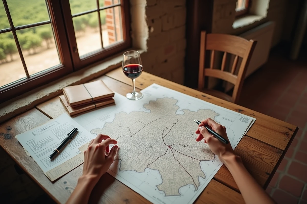 Mains de femme étudiant un plan cadastral de vignoble à vendre dans une ferme en pierre du Médoc