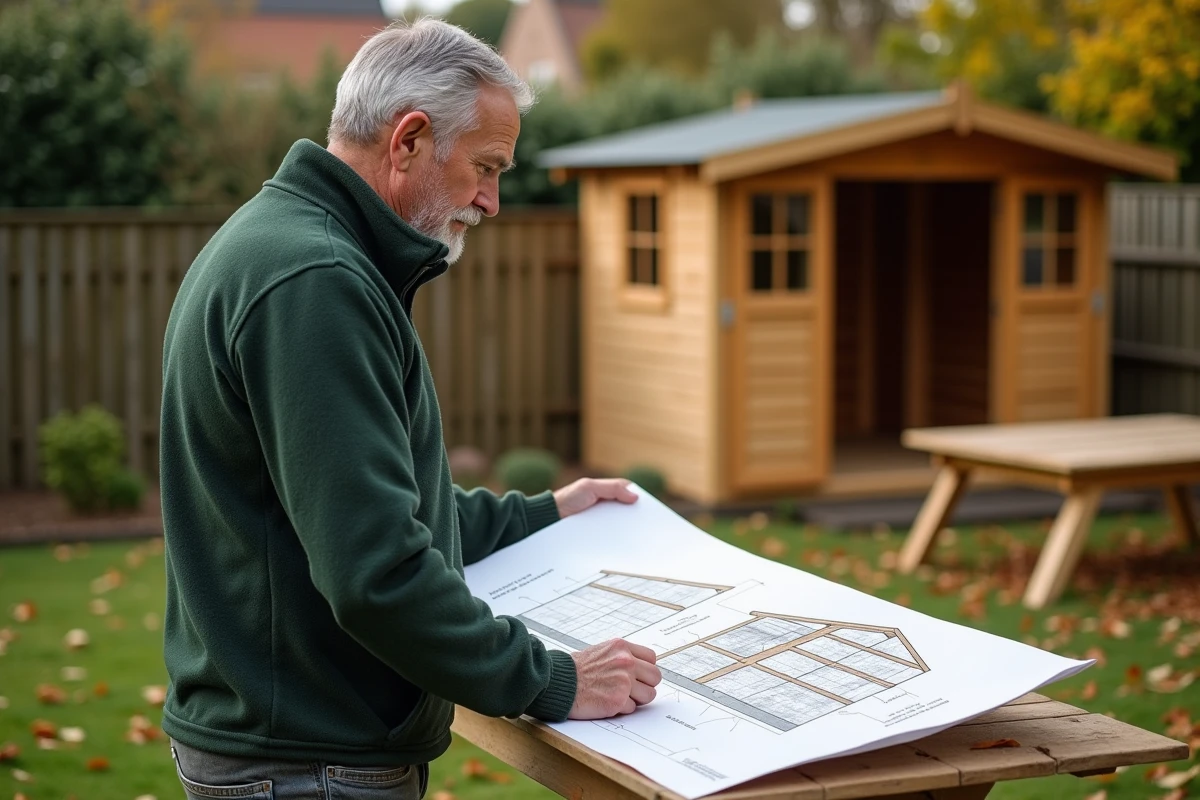 Homme consultant un plan de coupe d'un abri de jardin en bois lors de l'assemblage dans un jardin en automne