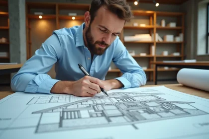 Architecte en studio annotant un plan de coupe détaillé d'une maison résidentielle sur une table à dessin professionnelle