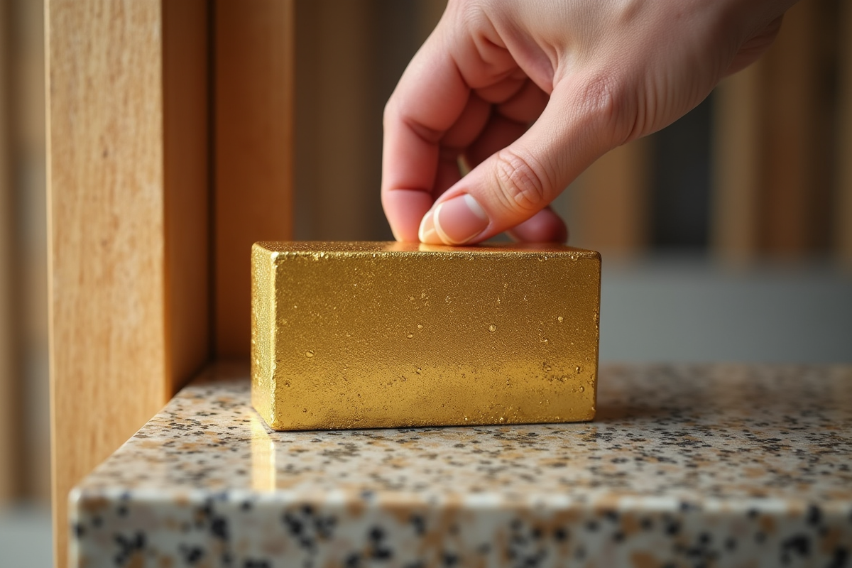 Main posant une brique dorée sur un mur de bâtiment haut de gamme