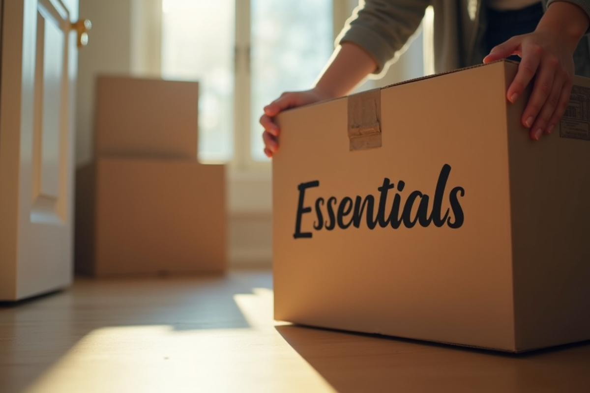 Main posant une caisse étiquetée essentiels près de la porte