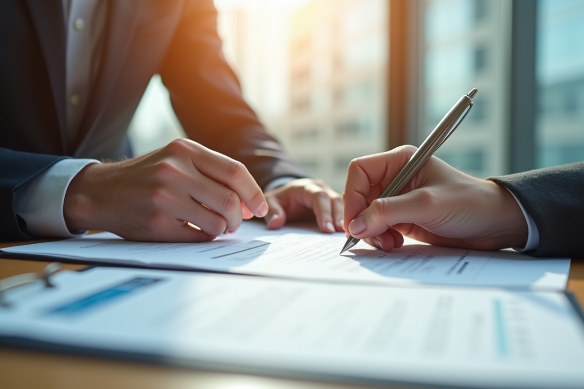 Professionnel en bureau moderne examinant documents d'assurance construction