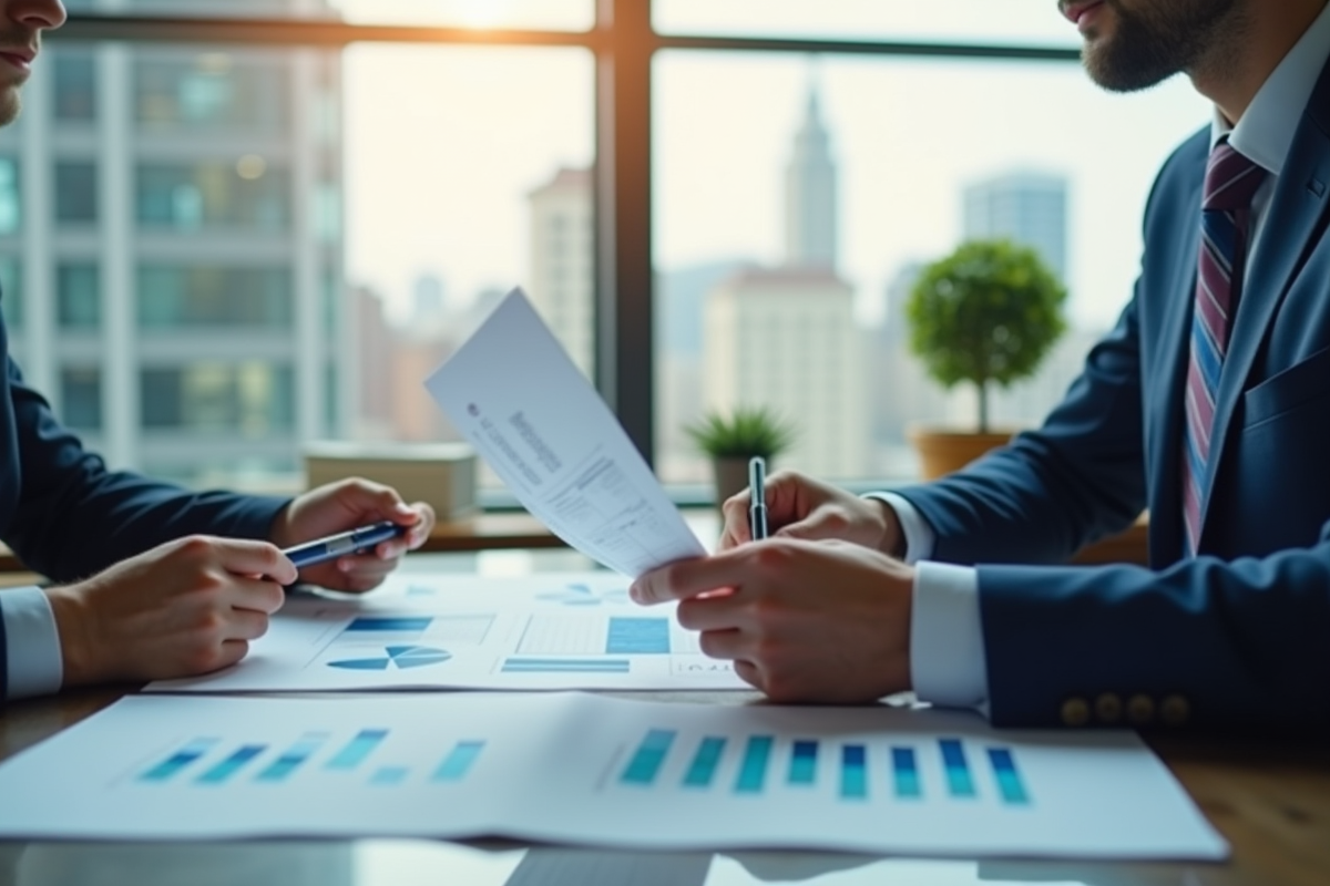 Professionnel immobilier analysant des documents et graphiques