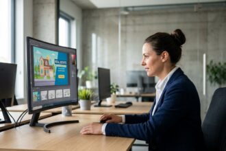 Professionnelle de l'immobilier analysant une vidéo de motion design sur un écran d'ordinateur dans un bureau moderne