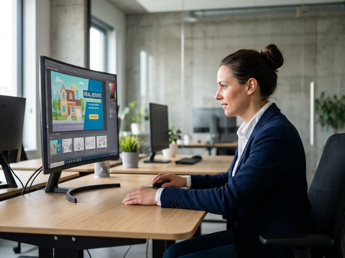Professionnelle de l'immobilier analysant une vidéo de motion design sur un écran d'ordinateur dans un bureau moderne