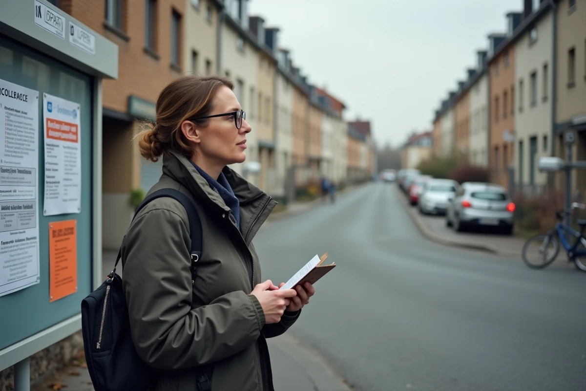Professionnelle observant les affichages d'un quartier en rénovation à Chambéry