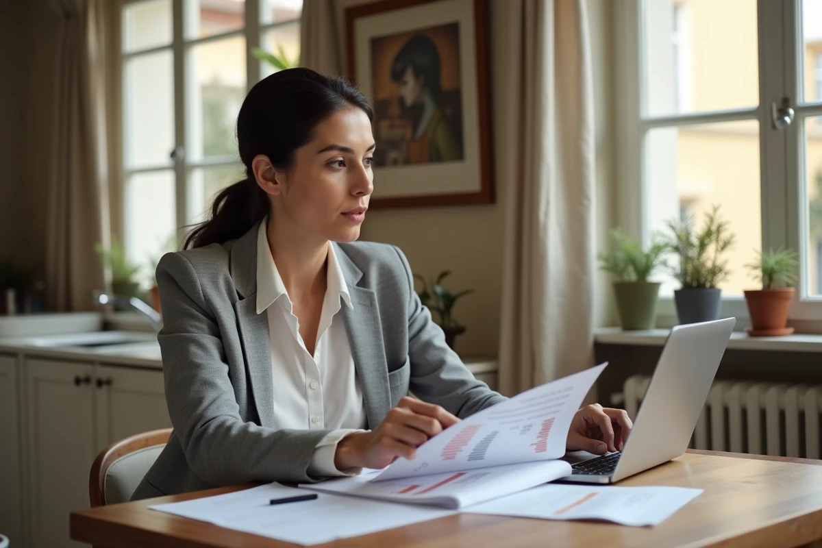 Propriétaire femme consultant les documents de son assurance loyer impayé sur ordinateur portable à une table de cuisine