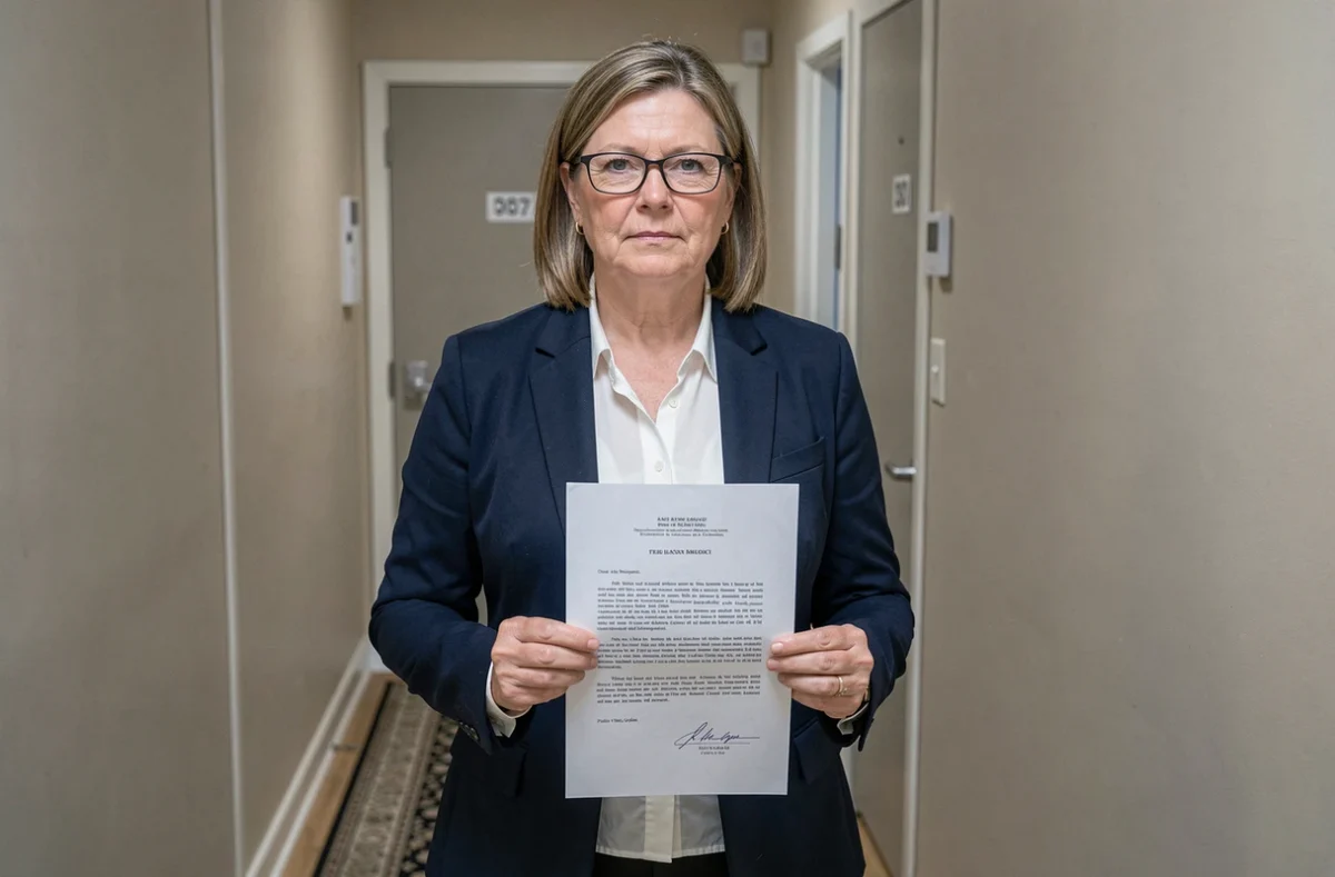 Propriétaire tenant un avis de résiliation de bail pour défaut d'assurance habitation dans un couloir d'immeuble