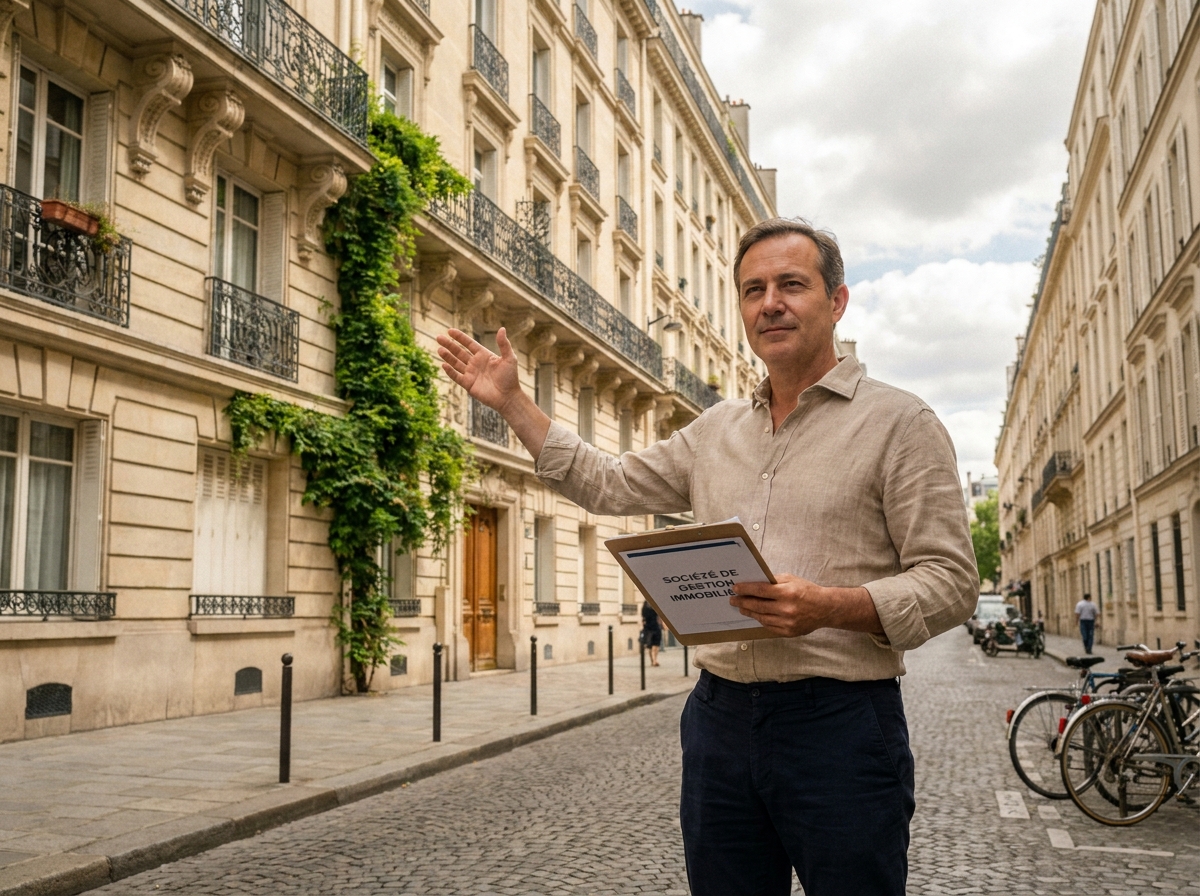 Propriétaire bailleur devant un immeuble haussmannien gérant ses actifs immobiliers locatifs à Paris