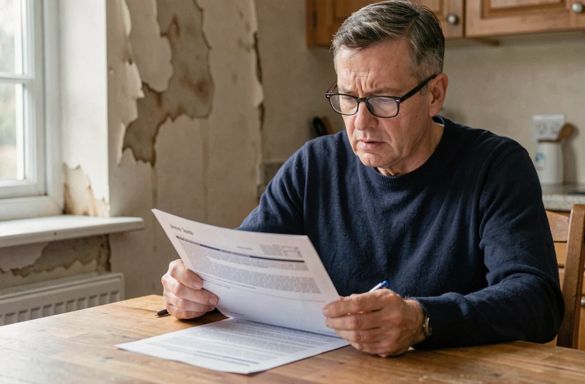 Propriétaire examinant un document d'assurance habitation après un sinistre avec des dégâts des eaux visibles en arrière-plan