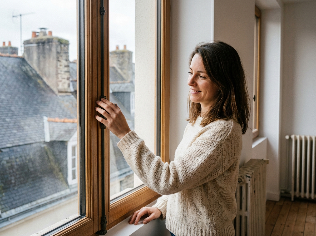 Propriétaire inspectant une nouvelle fenêtre en bois fraîchement posée dans un appartement rénové à Rennes