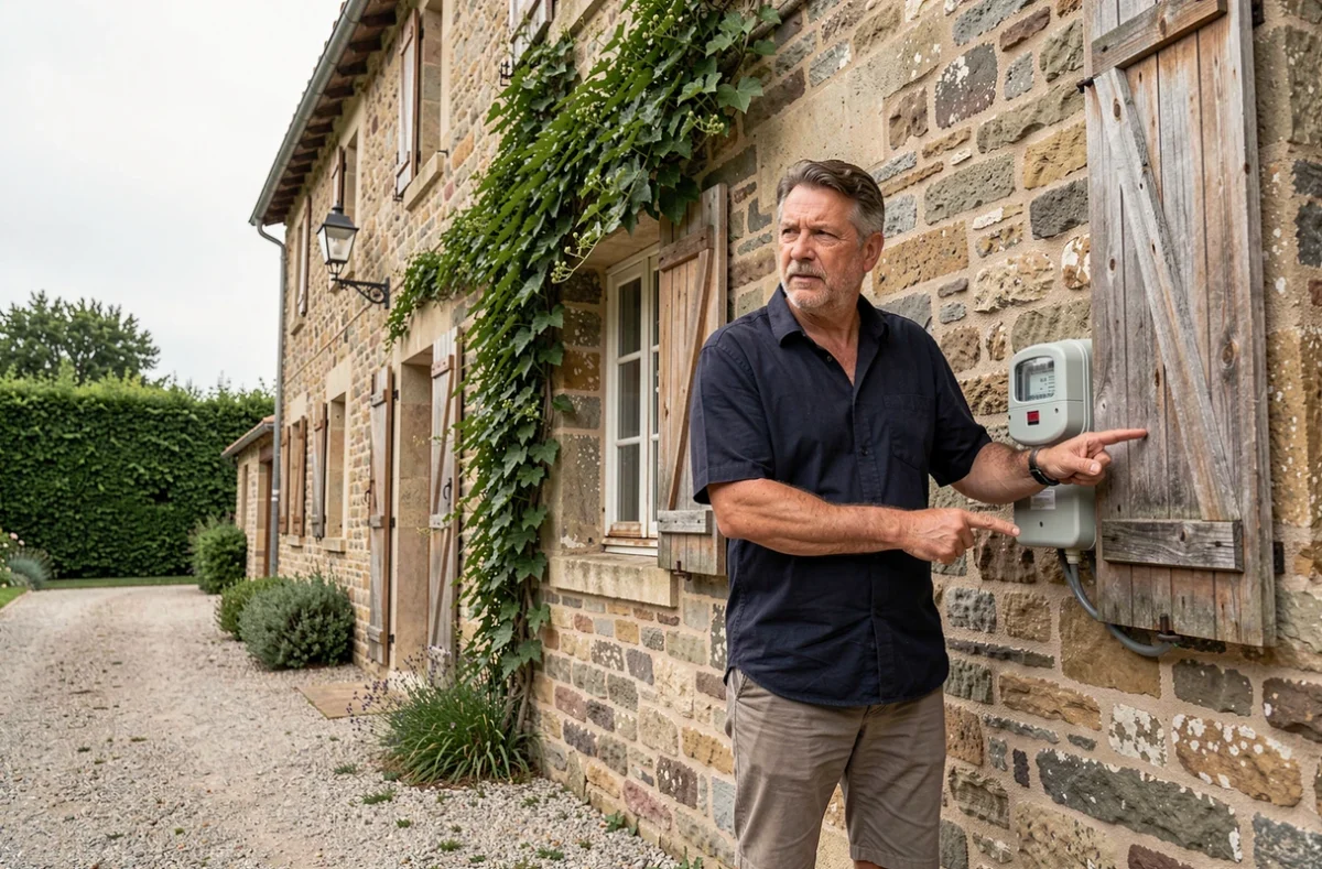 Propriétaire inspectant sa maison en pierre à la campagne pour choisir une assurance habitation adaptée