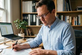 Propriétaire immobilier en meublé analysant des documents fiscaux à son bureau pour choisir le mode de calcul de ses revenus locatifs