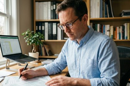 Propriétaire immobilier en meublé analysant des documents fiscaux à son bureau pour choisir le mode de calcul de ses revenus locatifs