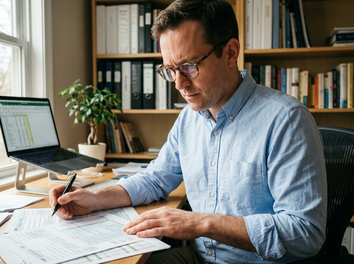 Propriétaire immobilier en meublé analysant des documents fiscaux à son bureau pour choisir le mode de calcul de ses revenus locatifs