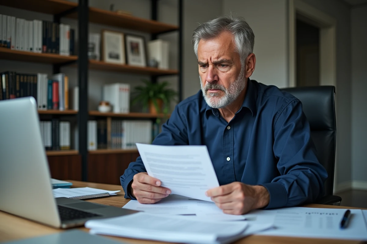 Propriétaire immobilier frustré examinant des documents de retard de loyer dans son bureau à domicile