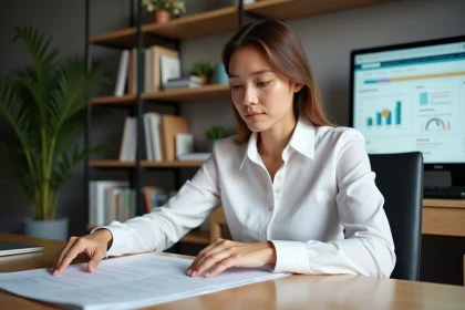 Propriétaire femme révisant un contrat de location dans un bureau à domicile moderne
