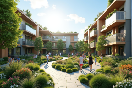 Quartier écologique moderne avec jardins et pistes cyclables