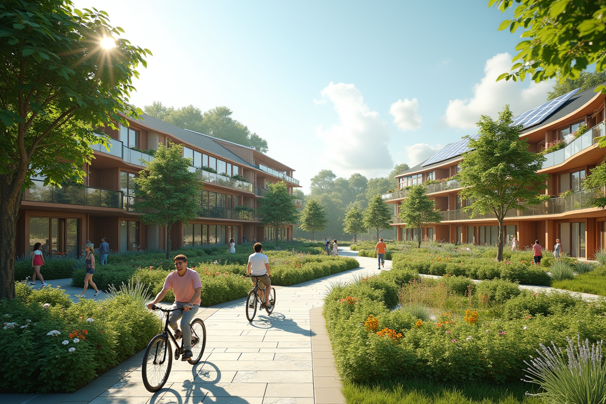Quartier écologique avec bâtiments durables et familles