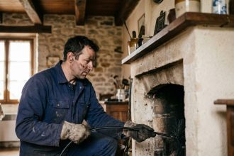 Ramoneur professionnel en train de ramoner une cheminée en pierre dans une maison de campagne française
