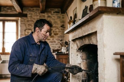 Ramoneur professionnel en train de ramoner une cheminée en pierre dans une maison de campagne française