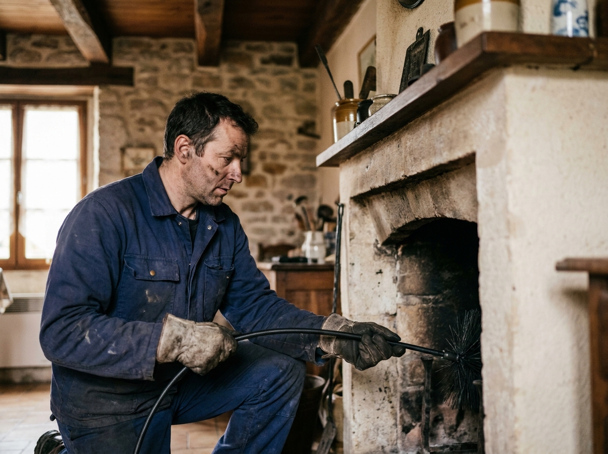 Ramoneur professionnel en train de ramoner une cheminée en pierre dans une maison de campagne française