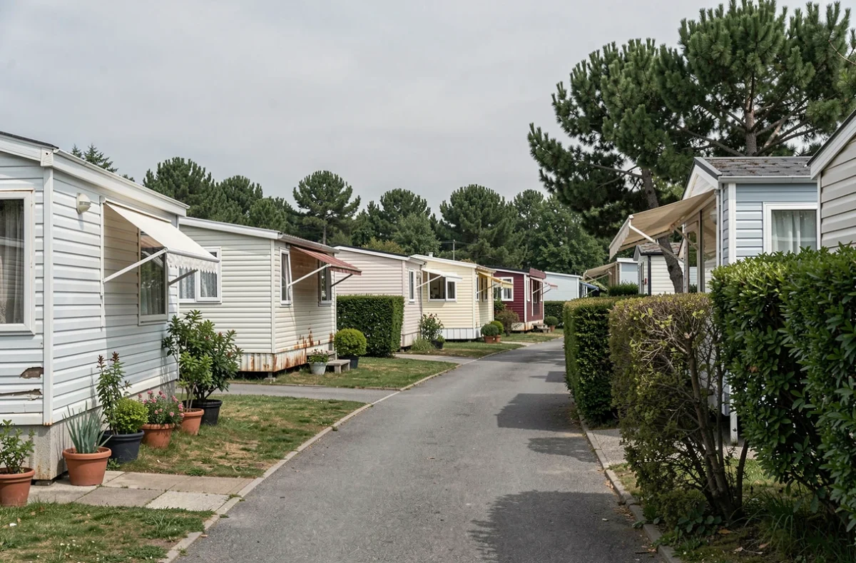 Rangée de mobil-homes en différents états dans un parc résidentiel français, illustrant la décote et la difficulté de revente selon l'état du bien