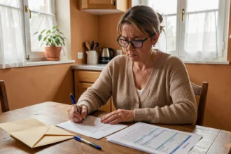 Femme rédigeant une lettre de résiliation de préavis pour un logement social à la table de sa cuisine