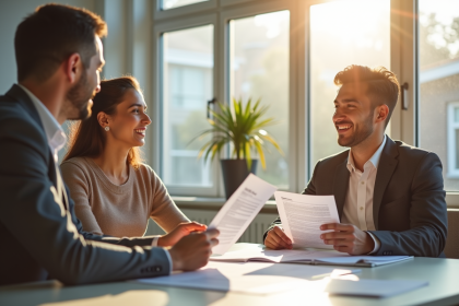 Couple souriant rencontrant un conseiller bancaire dans un bureau lumineux