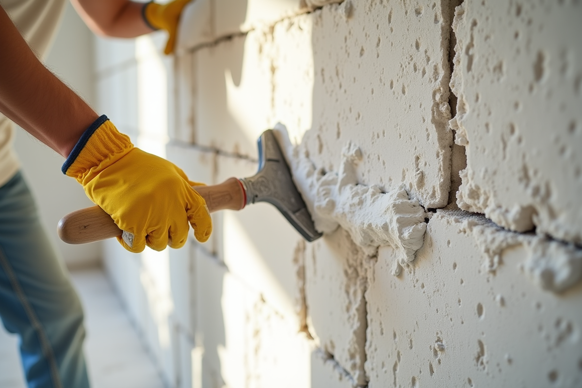 Personne appliquant du mortier blanc sur un mur en parpaings