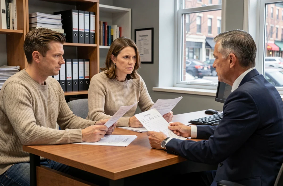 Couple en réunion avec un expert d'assurance pour contester une évaluation de sinistre habitation