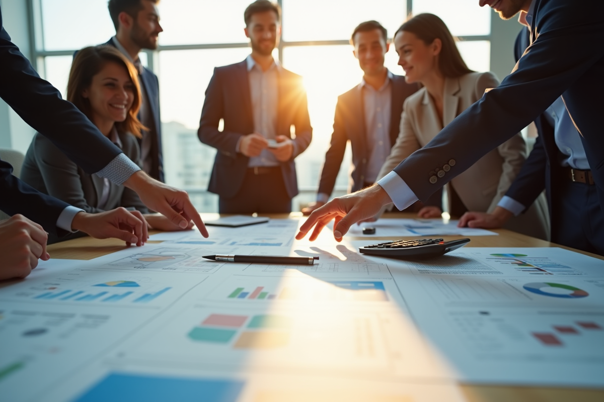 Professionnels de l'immobilier et clients autour de plans