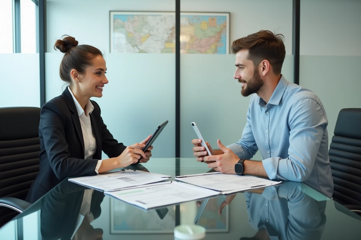 Deux personnes examinant des documents locatifs via MyFoncia sur une tablette dans un bureau immobilier moderne