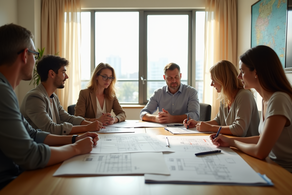 Réunion de coproprietaires dans une salle lumineuse avec plans et documents