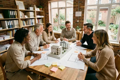 Groupe de résidents participant à une réunion de co-conception d'un projet d'habitat participatif autour de plans architecturaux