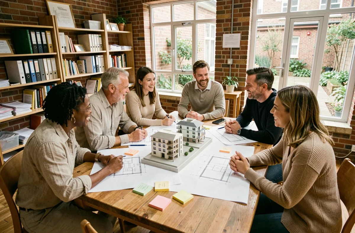 Groupe de résidents participant à une réunion de co-conception d'un projet d'habitat participatif autour de plans architecturaux