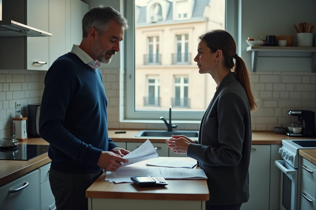 Couple discutant de la révision de loyer et du dépôt de garantie dans une cuisine d'appartement urbain