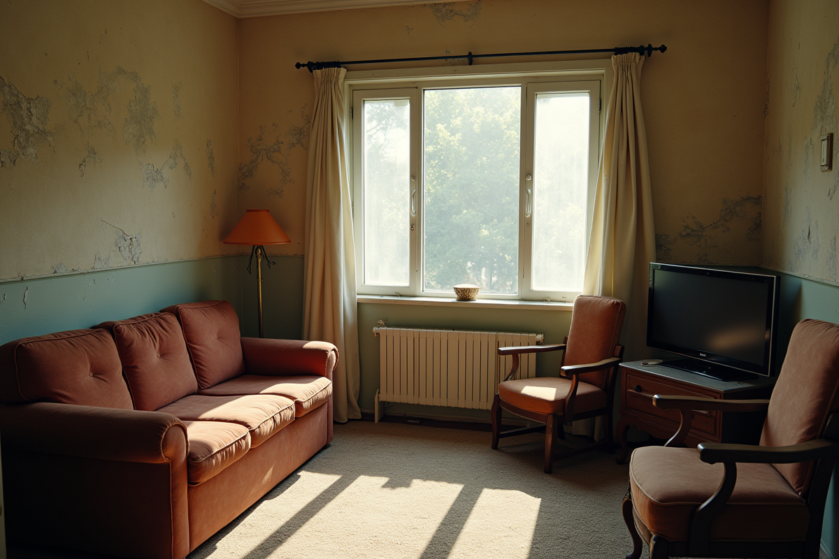 Salon d'un appartement ancien avec murs écaillés et lumière naturelle