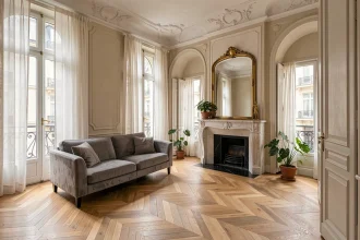 Salon haussmannien lumineux avec moulures en plâtre, parquet en chevrons et grandes fenêtres en lin blanc