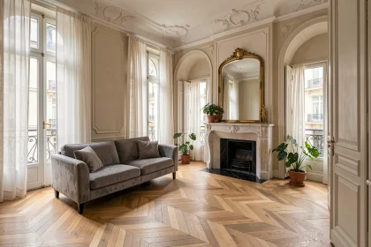 Salon haussmannien lumineux avec moulures en plâtre, parquet en chevrons et grandes fenêtres en lin blanc