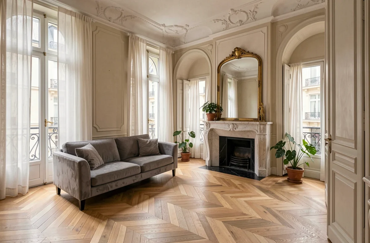 Salon haussmannien lumineux avec moulures en plâtre, parquet en chevrons et grandes fenêtres en lin blanc