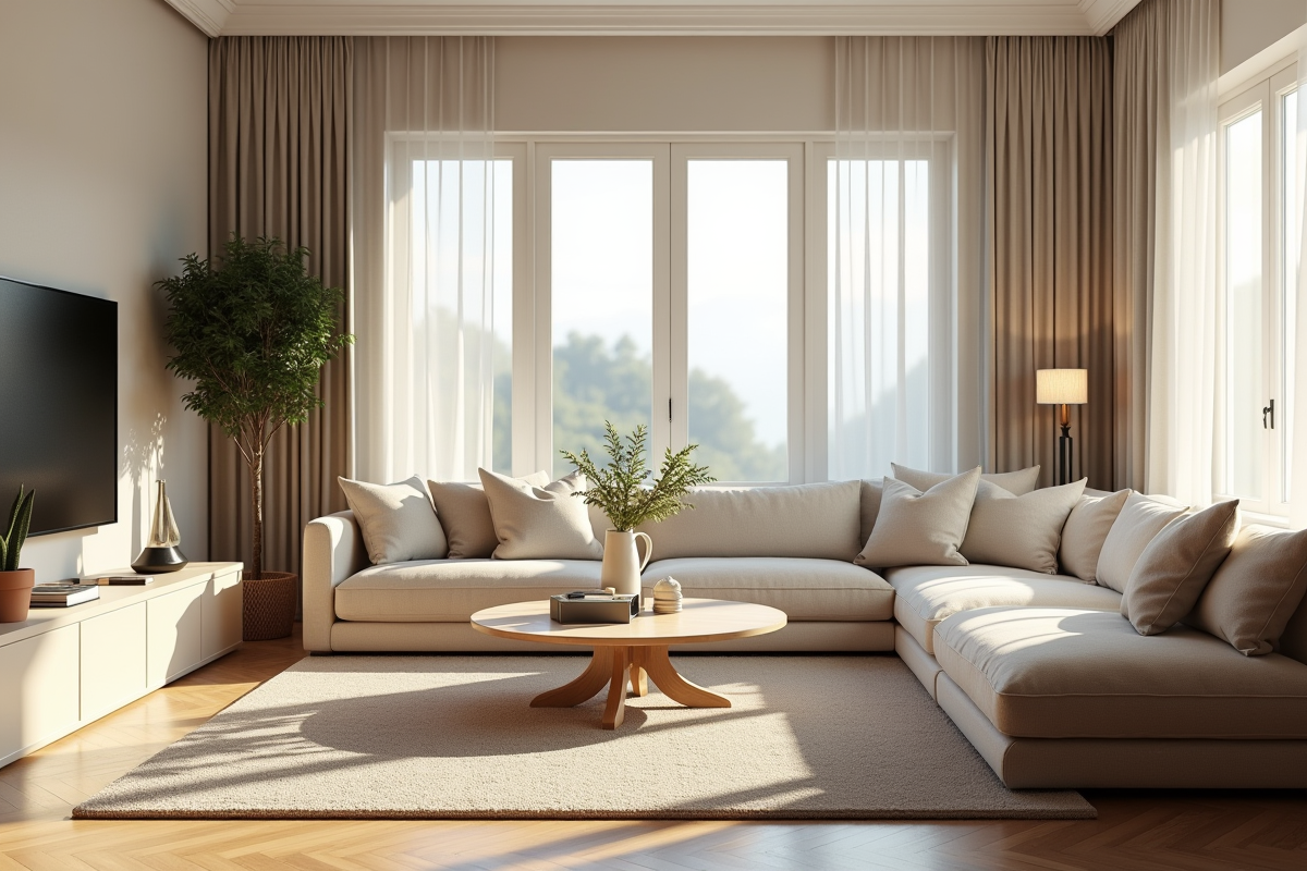 Salon lumineux avec mobilier élégant et grande fenetre