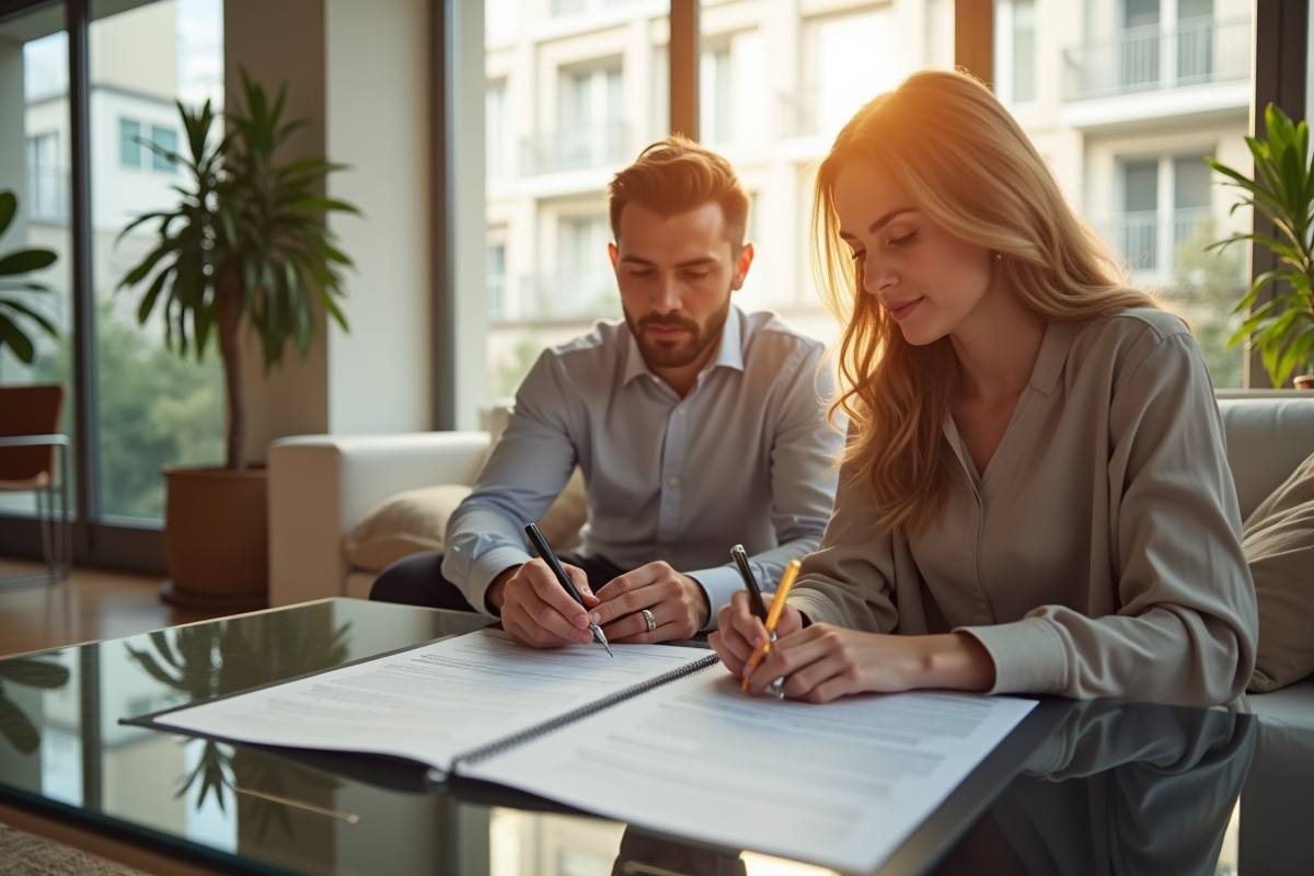 Salon lumineux avec couple lisant des documents immobiliers
