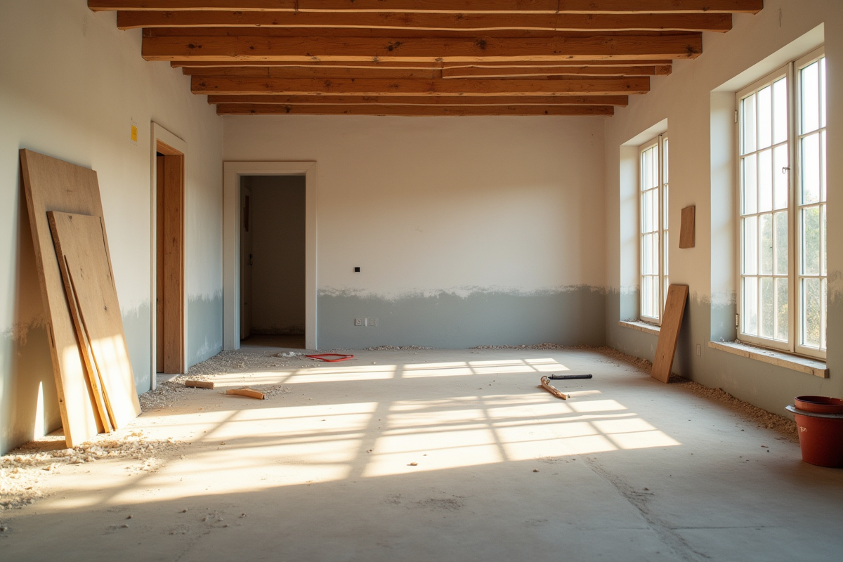 Salon en rénovation avec murs mi-peints et outils